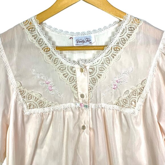 Vintage Vanity Fair Lace Trim Bed Jacket Night Top Button Front Pink Size M - Picture 2 of 9